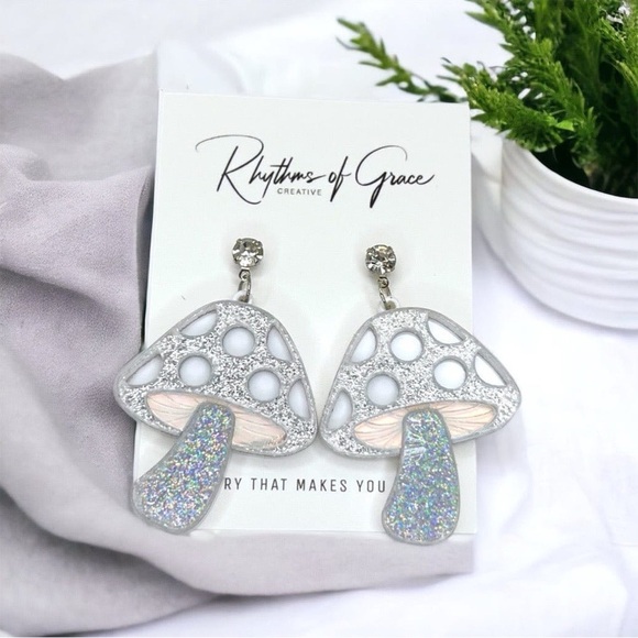 Rhythms of Grace Creative Jewelry - Mushroom Magic: Silver & White Dangle Earrings for Fungi Lovers! Brand New